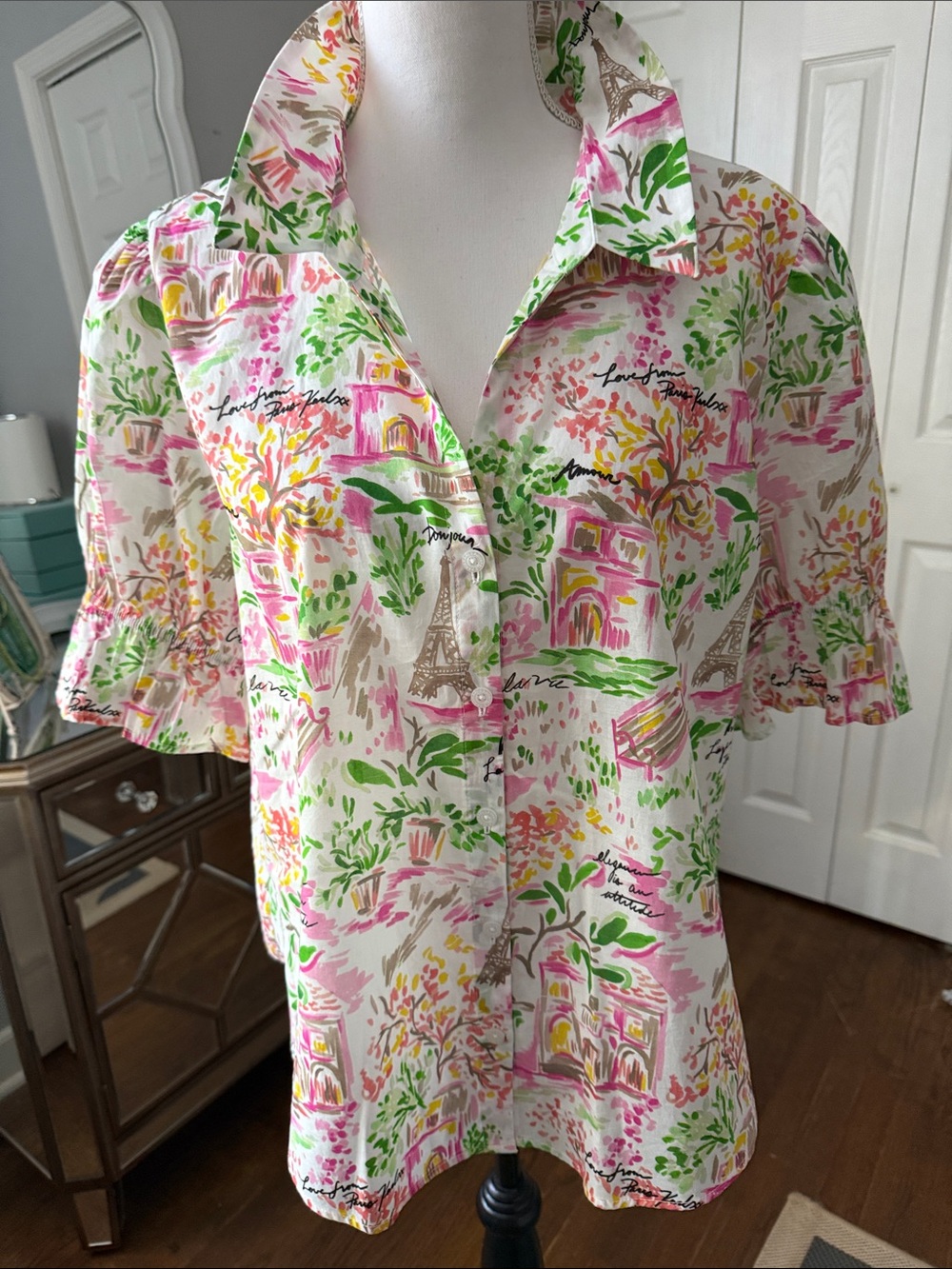 Karl Lagerfeld Love From Paris Pink/Green Button-Up Cotton Top - Fab Sleeves XL